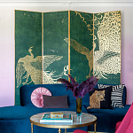 Обои ручная роспись в стиле Арт-деко Whistler Peacocks Original colourway on green painted silk варинант исполнения - 1 | Loft Concept в Барнауле