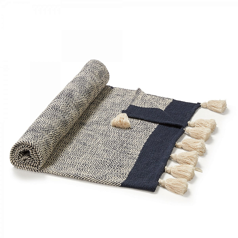 Плед Plaid Chevron Tassels Бежевый Синий Плед Plaid Chevron Tassels Бежевый Синий в Барнауле | Loft Concept