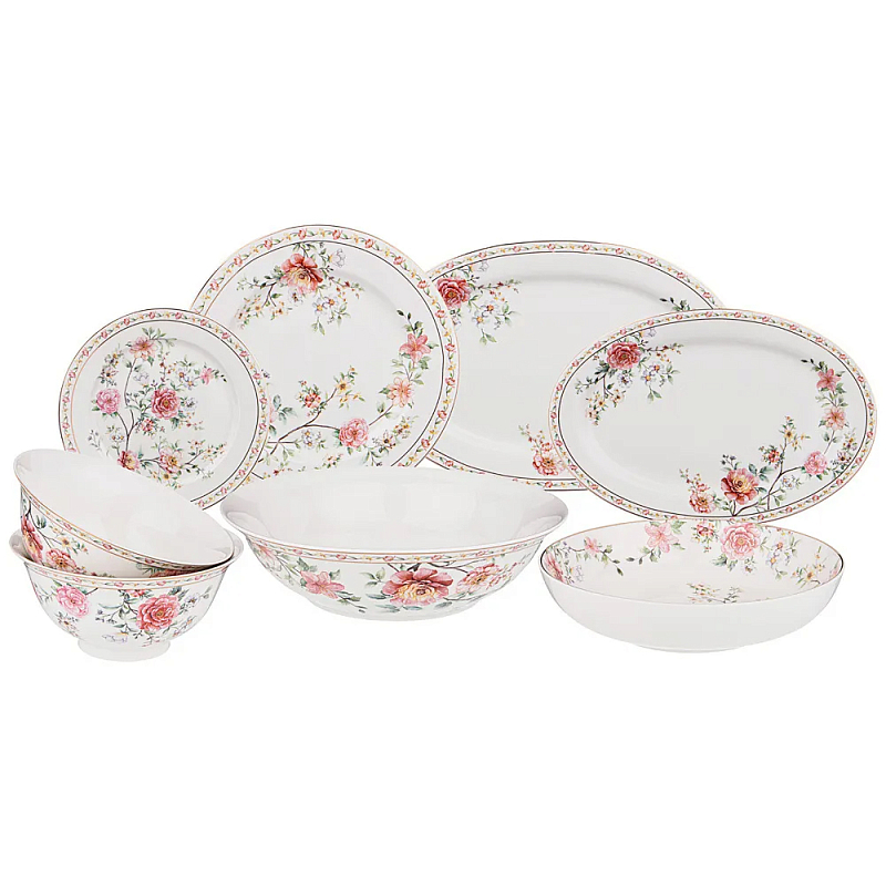 Сервиз обеденный из фарфора 23 предмета Flower Porcelain Collection Белый Красный Зеленый Сервиз обеденный из фарфора 23 предмета Flower Porcelain Collection Белый Красный Зеленый в Барнауле | Loft Concept