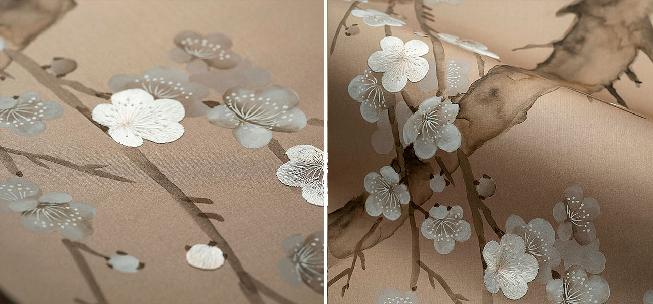 Обои ручная роспись Plum Blossom Colourway SC-232 on Lead Grey dyed silk Обои ручная роспись Plum Blossom Colourway SC-232 on Lead Grey dyed silk - Loft-Concept в Барнауле