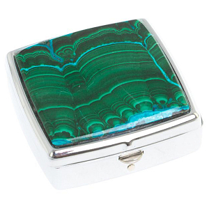 Таблетница карманная квадратная с 2-мя отделениями с зеркалом и накладкой из натуральных камней Малахит Хризоколла Silver Stone Pillboxes