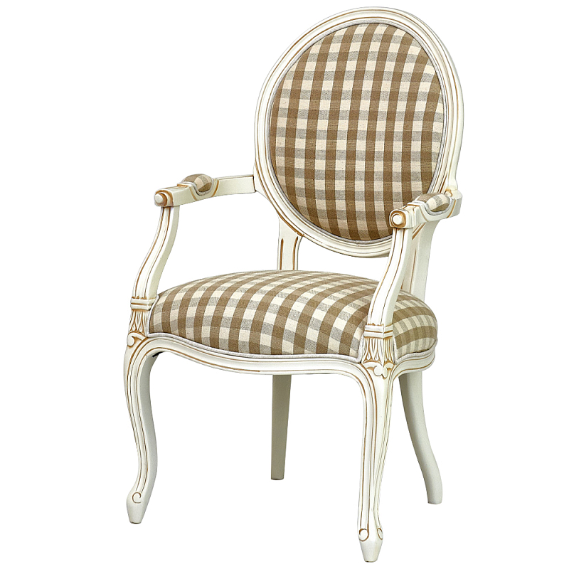 Стул с подлокотниками и круглой спинкой Checkered Upholstery Chair обивка в клетку ivory ( слоновая кость ) Коричневый Бежевый Стул с подлокотниками и круглой спинкой Checkered Upholstery Chair обивка в клетку ivory ( слоновая кость ) Коричневый Бежевый в Барнауле | Loft Concept