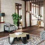 Дизайнерский журнальный стол округлой формы чёрный с золотой столешницей Fufem варинант исполнения - 3 | Loft Concept в Барнауле