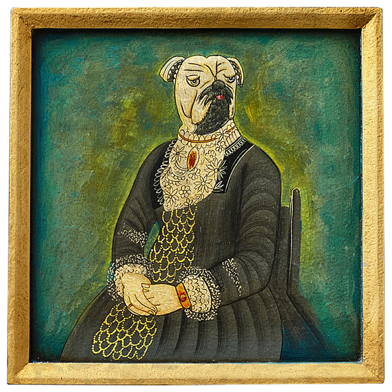 Картина в квадратной раме Chinoiserie Mops Dog Green Portrait Зеленый Бирюзовый Золотой Серый Мульти в Барнауле | Loft Concept 