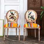 Стул бежевый в разноцветную полоску из натурального бука с изображением птиц и цветов Blooming Red Birds Colorful Stripes Chair варинант исполнения - 8 | Loft Concept в Барнауле