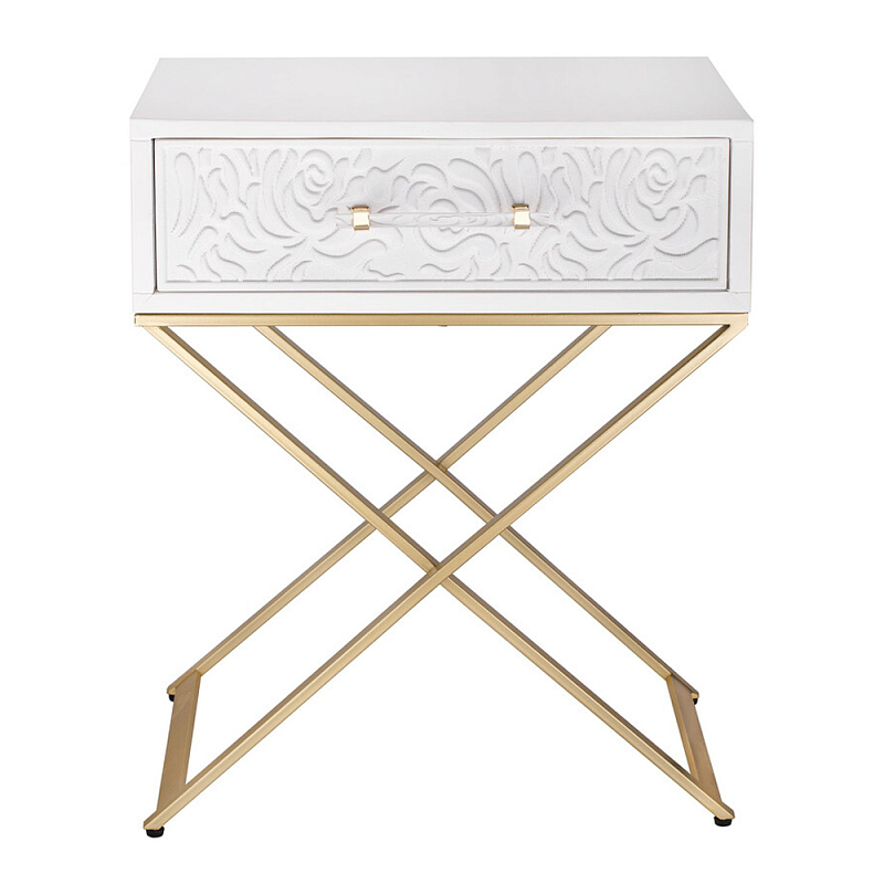 Приставной столик с выдвижным ящиком  White Table Carved Pattern Белый Золотой в Барнауле | Loft Concept 