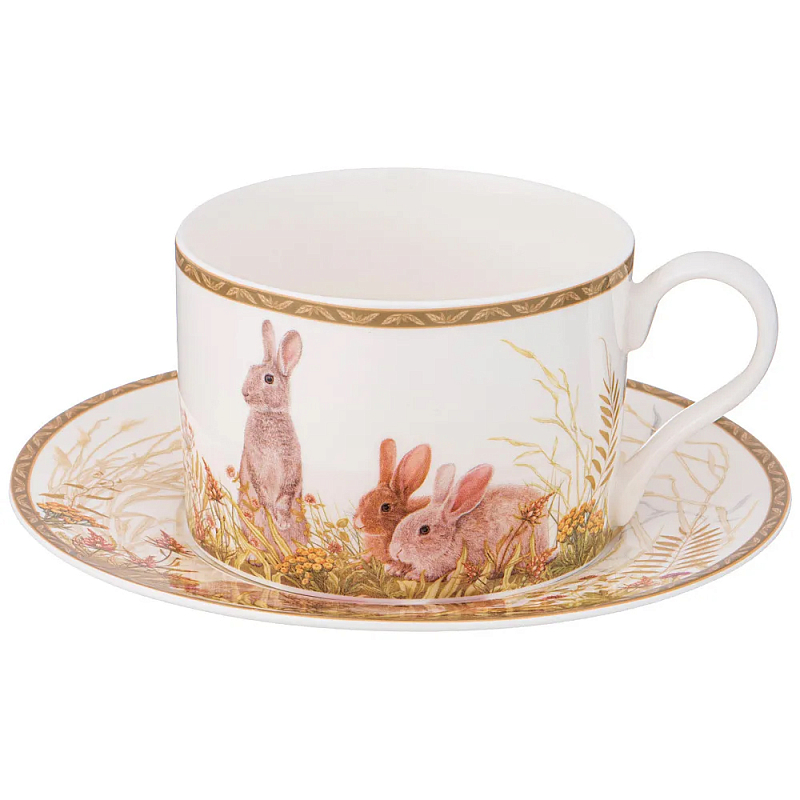 Чайная пара из фарфора с изображением собаки и зайцев 300 мл Hunting Porcelain Collection 2 Белый Коричневый Мульти в Барнауле | Loft Concept 