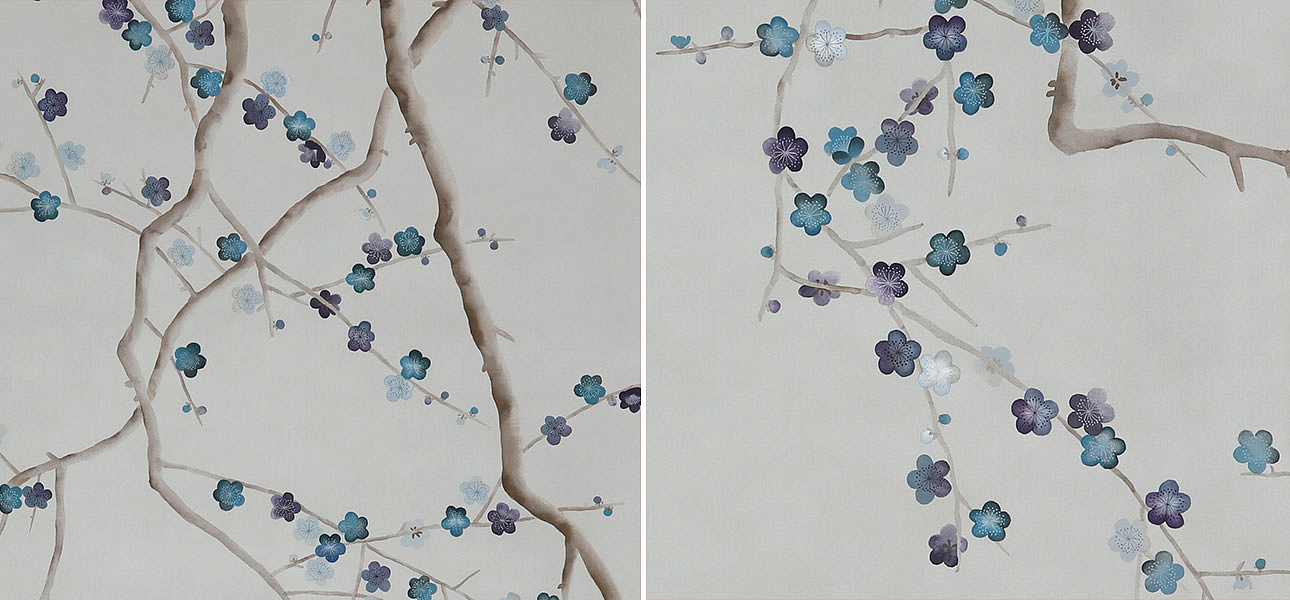 Обои ручная роспись Plum Blossom Colourway SC-81 on Oyster Shell metallic silk Обои ручная роспись Plum Blossom Colourway SC-81 on Oyster Shell metallic silk - Loft-Concept в Барнауле