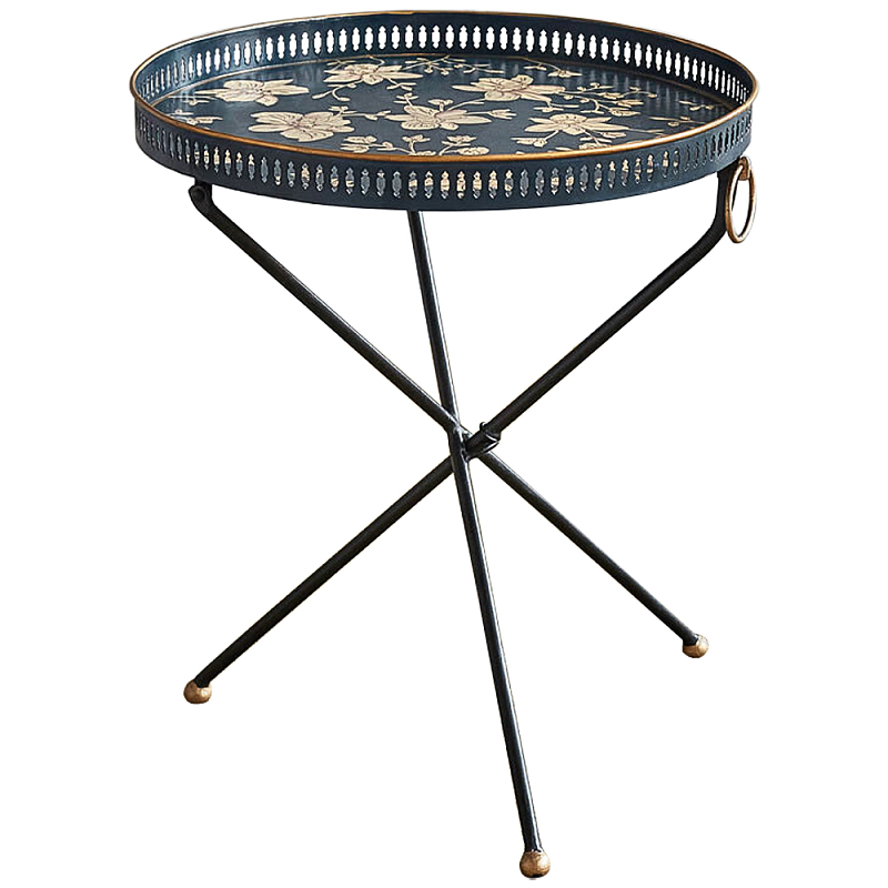 Круглый приставной столик складной Chinoiserie Garden Blue Side Table Синий Бежевый Латунь Круглый приставной столик складной Chinoiserie Garden Blue Side Table Синий Бежевый Латунь в Барнауле | Loft Concept