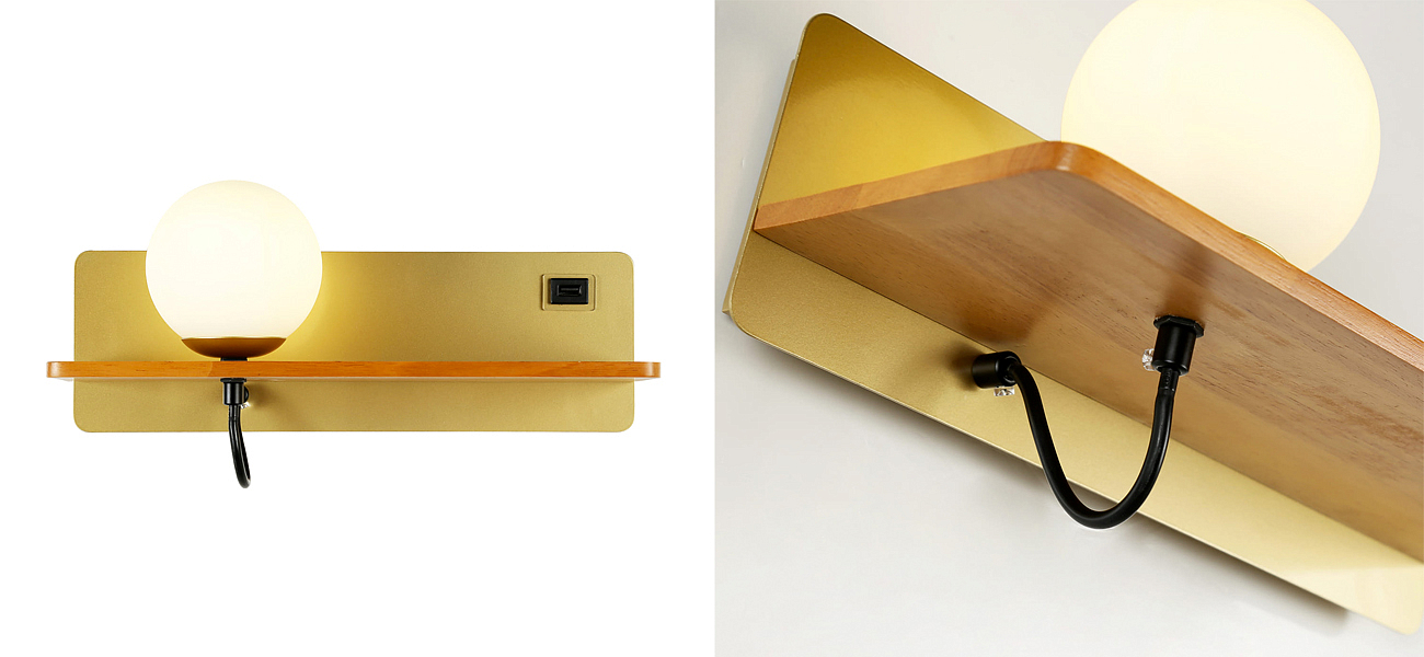 Бра с полкой Gold GAVIN WOOD USB Бра с полкой Gold GAVIN WOOD USB - Loft-Concept в Барнауле