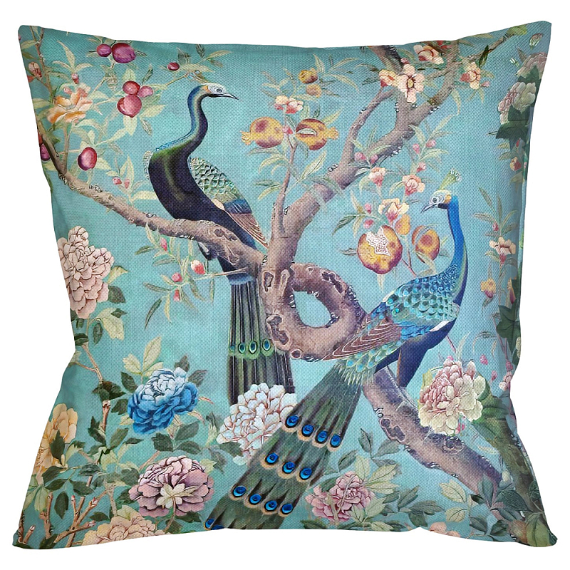 Подушка декоративная с изображением птиц в саду Chinoiserie Garden Two Peacocks Cushion Бирюзовый Мульти Подушка декоративная с изображением птиц в саду Chinoiserie Garden Two Peacocks Cushion Бирюзовый Мульти в Барнауле | Loft Concept