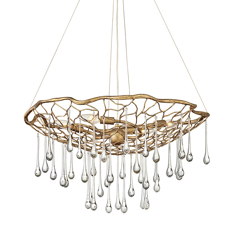 Люстра подвесная золотого цвета с металлическим сетчатым основанием и стеклянными каплевидными подвесками Hinkley Золотой Прозрачное Стекло в Барнауле | Loft Concept 