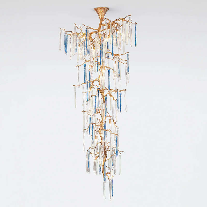 Люстра каскадная с прозрачными и голубыми подвесками в форме капель Droplet Chandelier Золотой Прозрачный Голубой Люстра каскадная с прозрачными и голубыми подвесками в форме капель Droplet Chandelier Золотой Прозрачный Голубой в Барнауле | Loft Concept