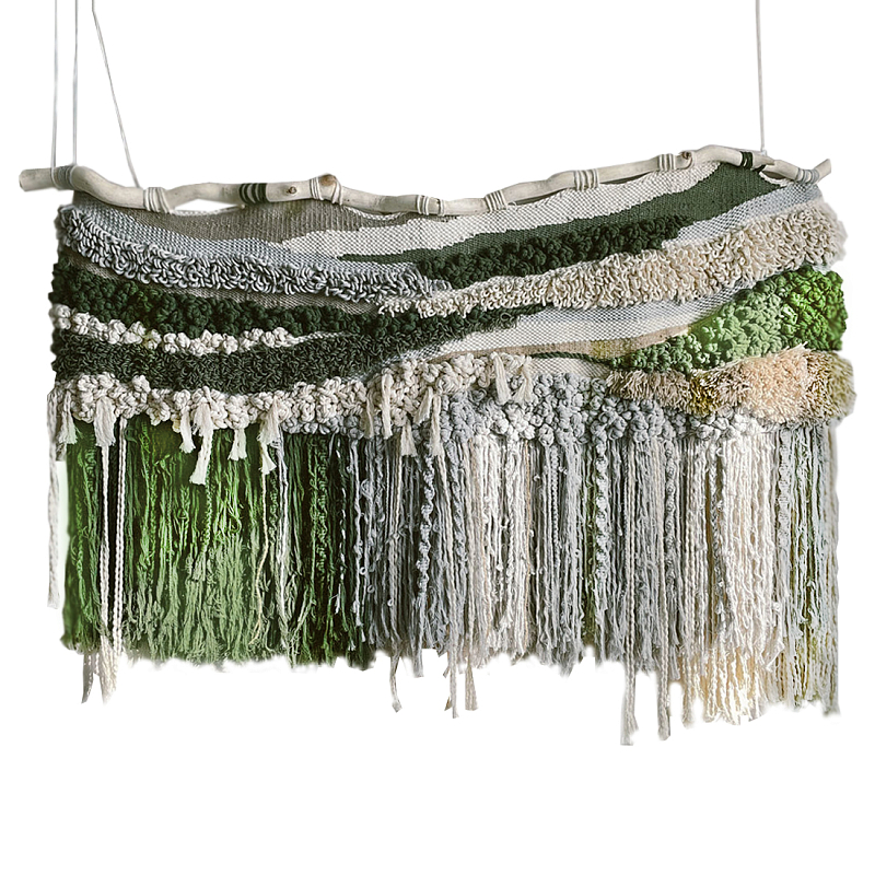 Дизайнерское текстильное Панно с зелеными вставками Бежевый Коричневый Зеленый в Барнауле | Loft Concept 