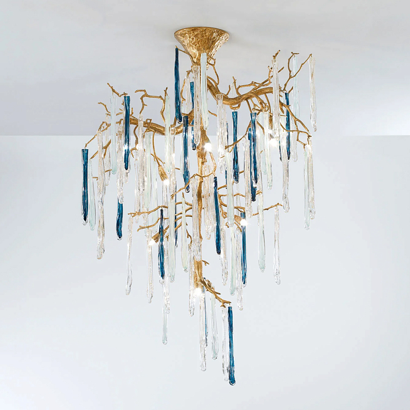 Люстра с прозрачными и голубыми подвесками в форме капель Droplet Chandelier Золотой Прозрачный Синий Люстра с прозрачными и голубыми подвесками в форме капель Droplet Chandelier Золотой Прозрачный Синий в Барнауле | Loft Concept