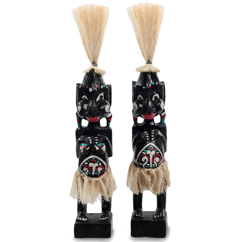 Комплект из 2-х деревянных статуэток Asmat Straw Headdress Statuettes Black Turquoise Черный Бежевый Белый Бирюзовый Мульти в Барнауле | Loft Concept 
