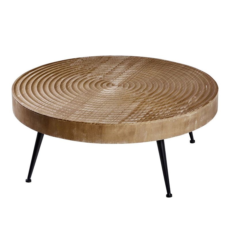 Журнальный столик с круглой фактурной столешницей из натурального дерева Vortex Коричневый Черный в Барнауле | Loft Concept 