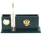 Настольный письменный набор с гербом России и часами из природного камня змеевик Successful Leader варинант исполнения - 1 | Loft Concept в Барнауле