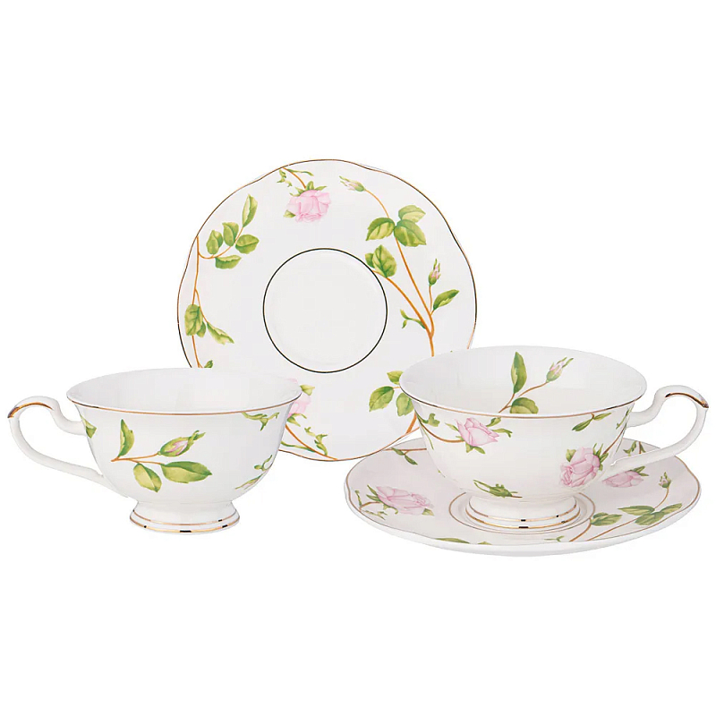 Чайный набор из фарфора белый с цветочным принтом на 2 персоны 4 предмета Flower Porcelain Collection Белый Мульти в Барнауле | Loft Concept 