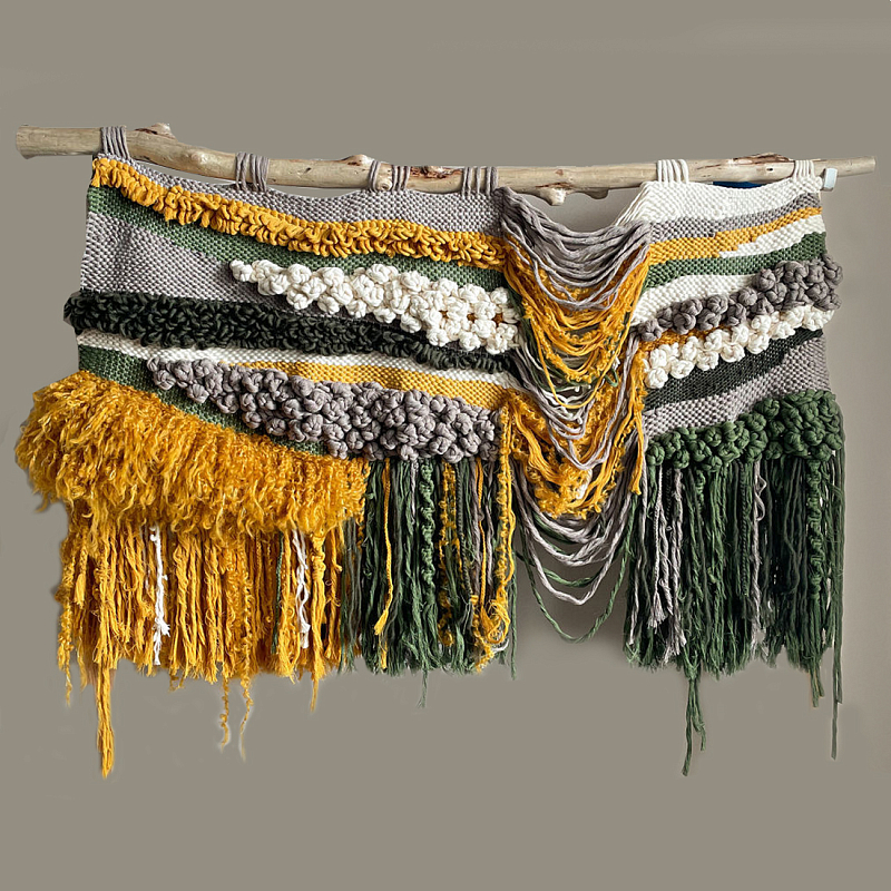 Дизайнерское текстильное Панно с оранжевыми вставками Белый Оранжевый Коричневый в Барнауле | Loft Concept 