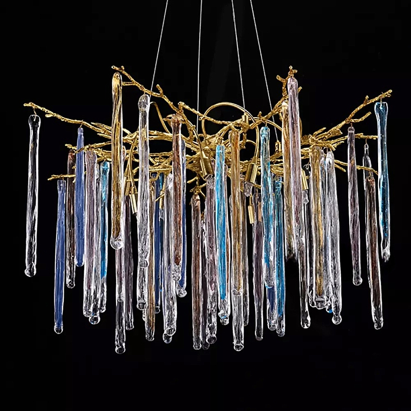 Люстра на подвесе с каркасом из металла и цветными подвесками из стекла Droplet Chandelier Золотой Прозрачный Голубой Янтарный Люстра на подвесе с каркасом из металла и цветными подвесками из стекла Droplet Chandelier Золотой Прозрачный Голубой Янтарный в Барнауле | Loft Concept