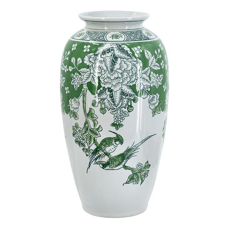 Ваза высокая с зелеными цветочными и птичьими мотивами Vase Inspired by Nature Зеленый Белый в Барнауле | Loft Concept 