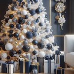 Украшенная Белая Новогодняя Елка с сине-белыми шарами и и муляжами подарков в комплекте варинант исполнения - 2 | Loft Concept в Барнауле