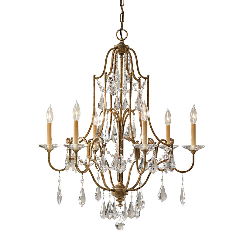 Люстра в бронзовом цвете с 6-ю лампами в форме свечей со стеклянными подвесками в классическом стиле Feiss Бронза Прозрачное Стекло в Барнауле | Loft Concept 