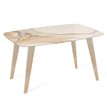 Обеденный стол с прямоугольной бежевой столешницей из стекла на 4-х деревянных ножках Beige Marble варинант исполнения - 1 | Loft Concept в Барнауле