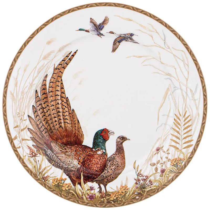 Тарелка закусочная из фарфора с изображением фазанов Hunting Porcelain Collection Белый Коричневый Мульти в Барнауле | Loft Concept 