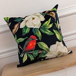 Декоративная подушка чёрная с изображением птиц и цветов Blooming Reds Birds варинант исполнения - 2 | Loft Concept в Барнауле