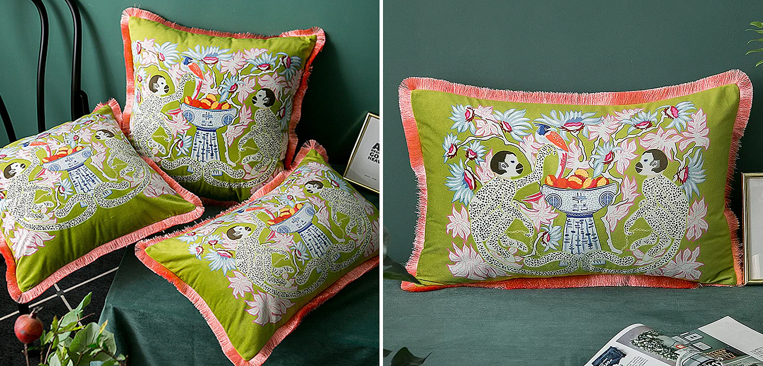 Декоративная подушка Two Monkeys on Green Long Cushion Декоративная подушка Two Monkeys on Green Long Cushion - Loft-Concept в Барнауле