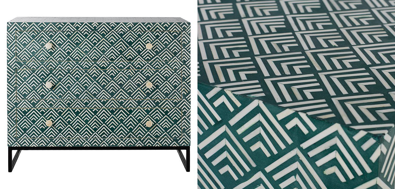 Комод инкрустация костью Green Indian Bone Inlay 3 drawer Зеленый Комод инкрустация костью Green Indian Bone Inlay 3 drawer Зеленый - Loft-Concept в Барнауле