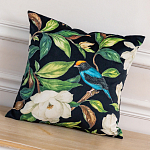 Декоративная подушка чёрная с изображением птиц и цветов  Blooming Blue Birds варинант исполнения - 2 | Loft Concept в Барнауле