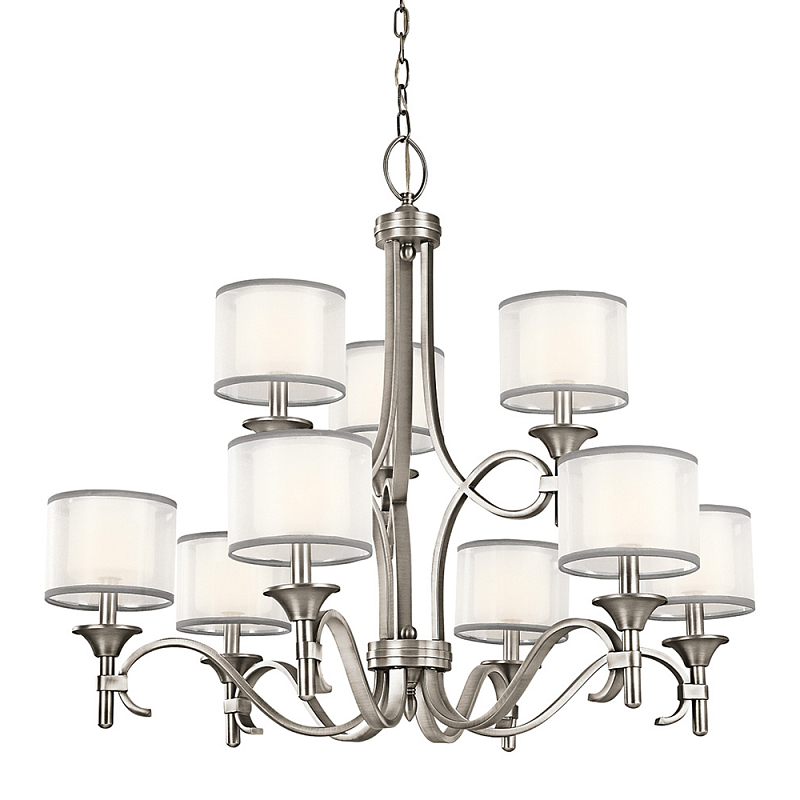 Люстра с белыми тканевыми абажурами в прозрачных стеклянных цилиндрах Kichler Белый Бежевый Никель Бронза Прозрачное Стекло в Барнауле | Loft Concept 