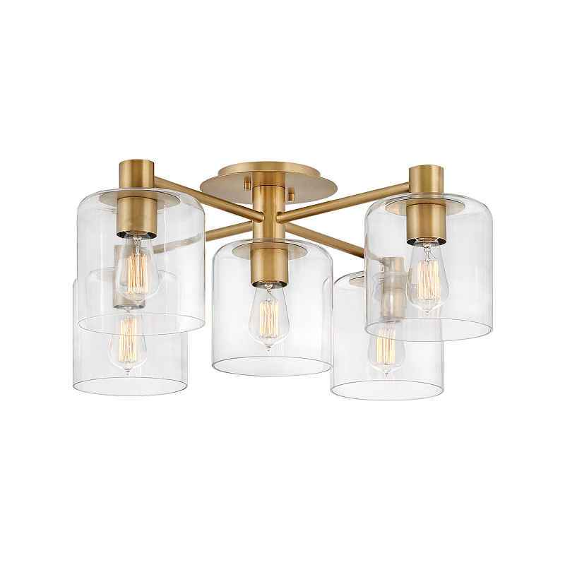 Потолочный светильник цвета латунь с пятью прозрачными цилиндрическими плафонами Hinkley Латунь Прозрачное Стекло в Барнауле | Loft Concept 