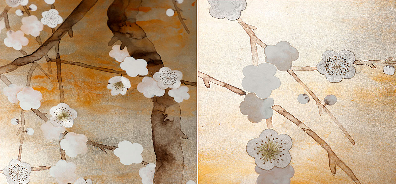 Обои ручная роспись Plum Blossom Special Colourway on White Metal gilded silk with nickel pearlescent antiquing Обои ручная роспись Plum Blossom Special Colourway on White Metal gilded silk with nickel pearlescent antiquing - Loft-Concept в Барнауле